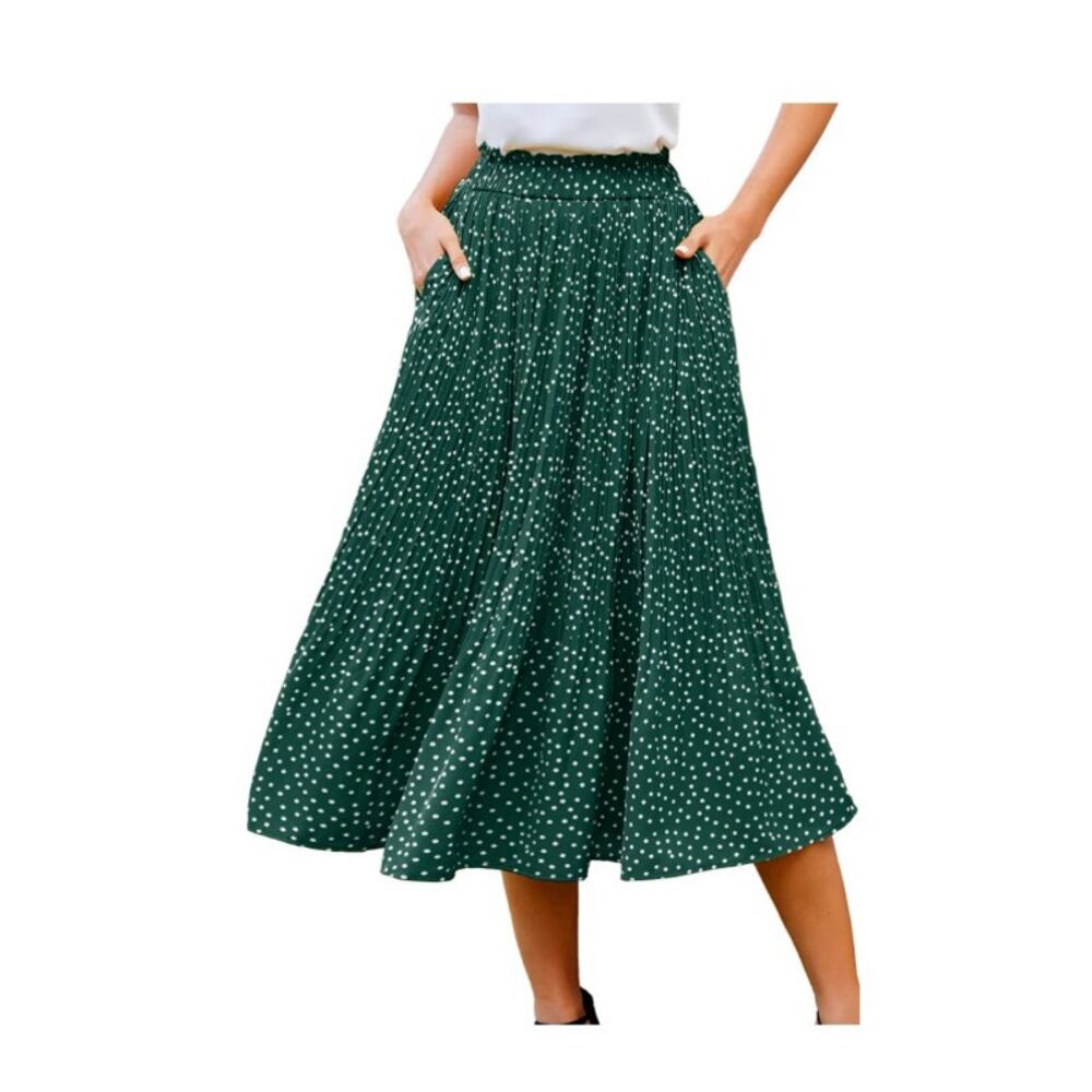 Women's Midi Skirt Green Polka Dot Pleated A-Line Flowy Swing High Waist Size S